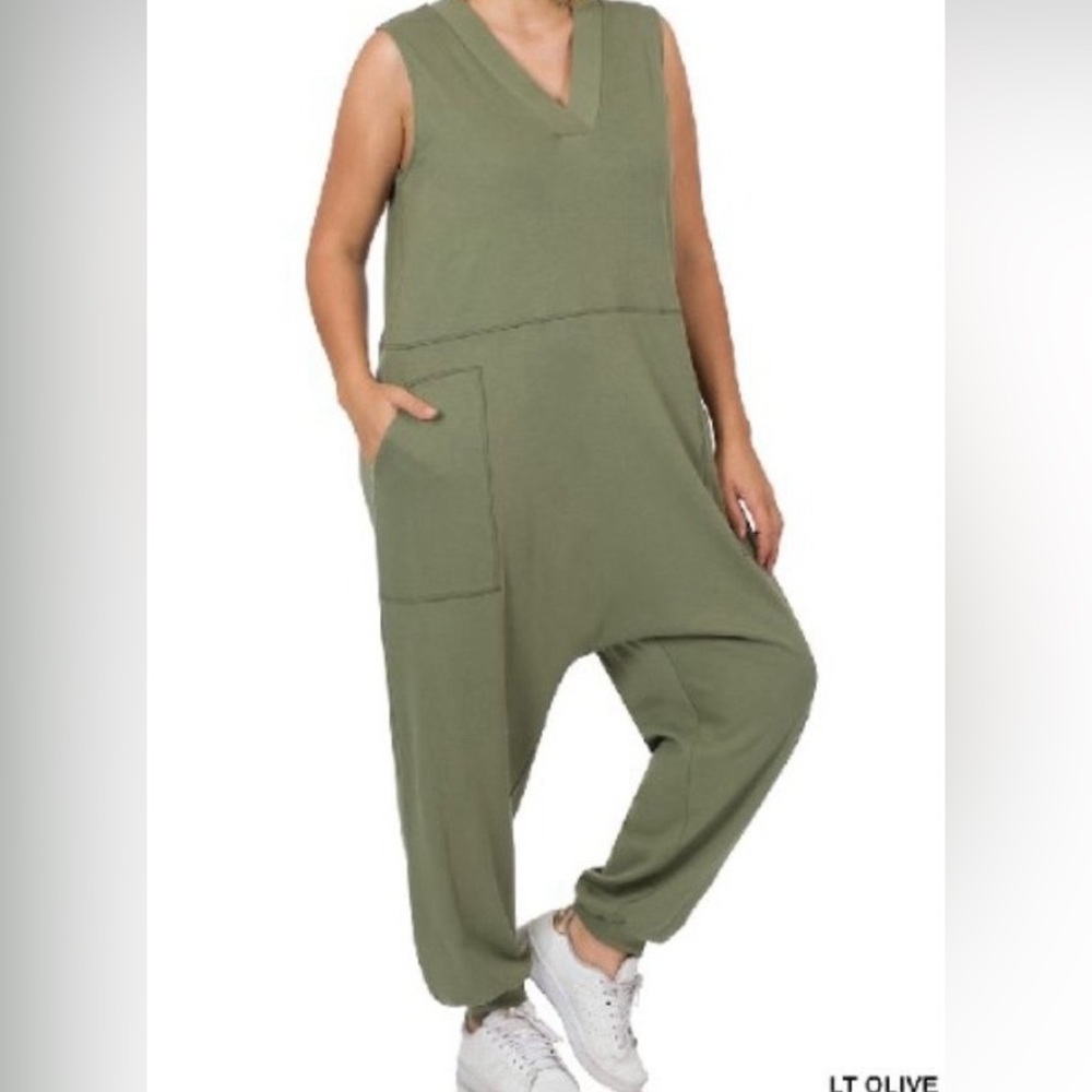 Zenana Plus Size Dusty Olive Sleeveless Harem Jumpsuit. New in pkg